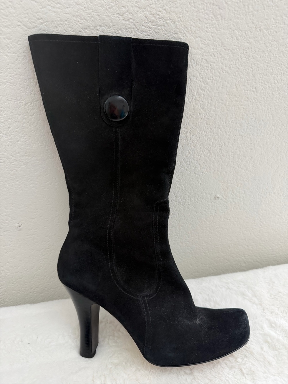 Vintage Y2K Franco Sarto Black Suede Mid-Calf Heeled Boot with Button Strap 8.5